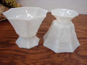 Set/2 Vintage Anchor Hocking Milk Glass Grape Dots Octagon Footed Dish