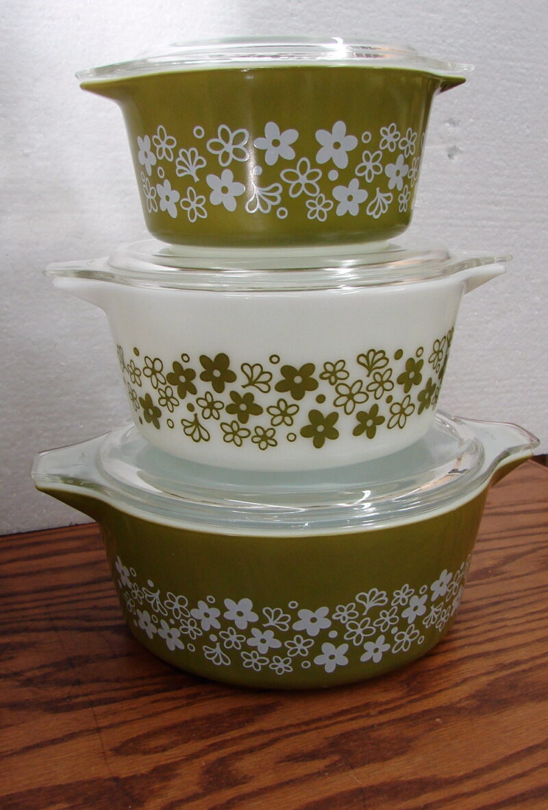 Vintage PYREX Spring Blossom Crazy Daisy Casserole Set w/ Lids #473 474 475, Moose-R-Us.Com Log Cabin Decor