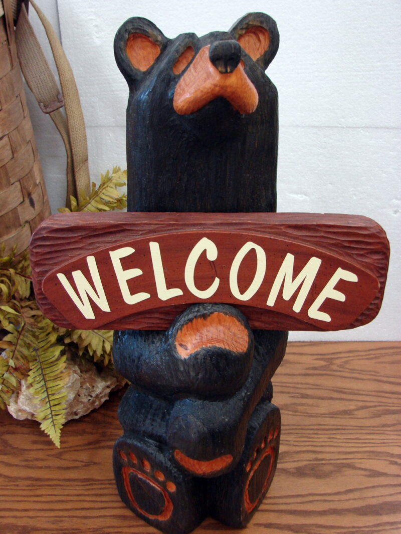 Big Sky Carvers Jeff Fleming Bearfoots Pine Wood Carved Welcome Sign Bear, Moose-R-Us.Com Log Cabin Decor