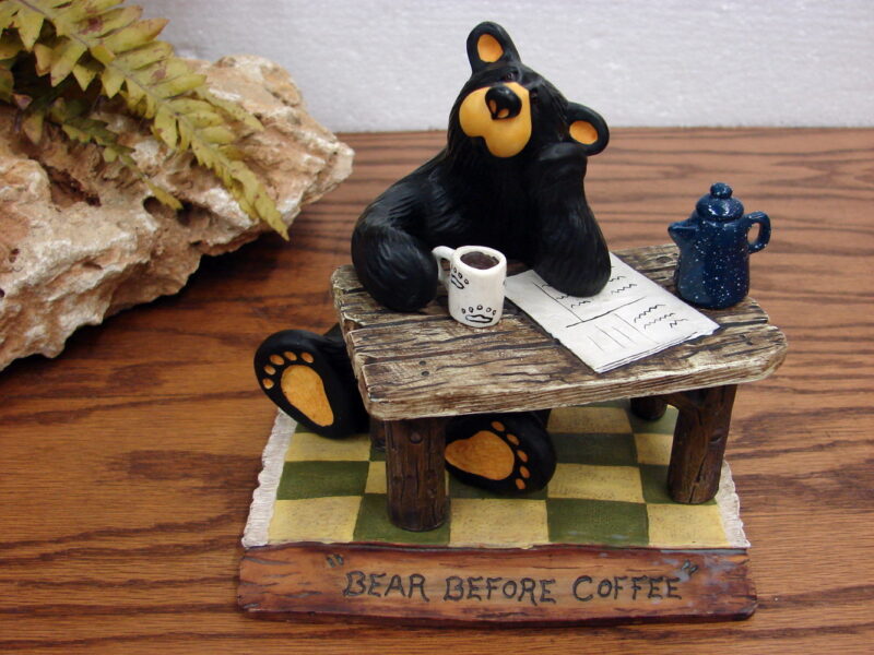Retired Big Sky Carvers Bearfoots Bears Jeff Fleming Bear Before Coffee, Moose-R-Us.Com Log Cabin Decor