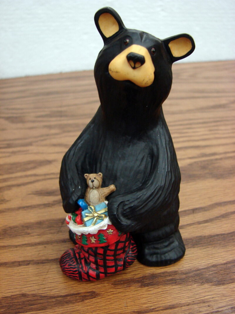 Retired Big Sky Carvers Bearfoots Bears Jeff Fleming Travis with Christmas Stocking, Moose-R-Us.Com Log Cabin Decor
