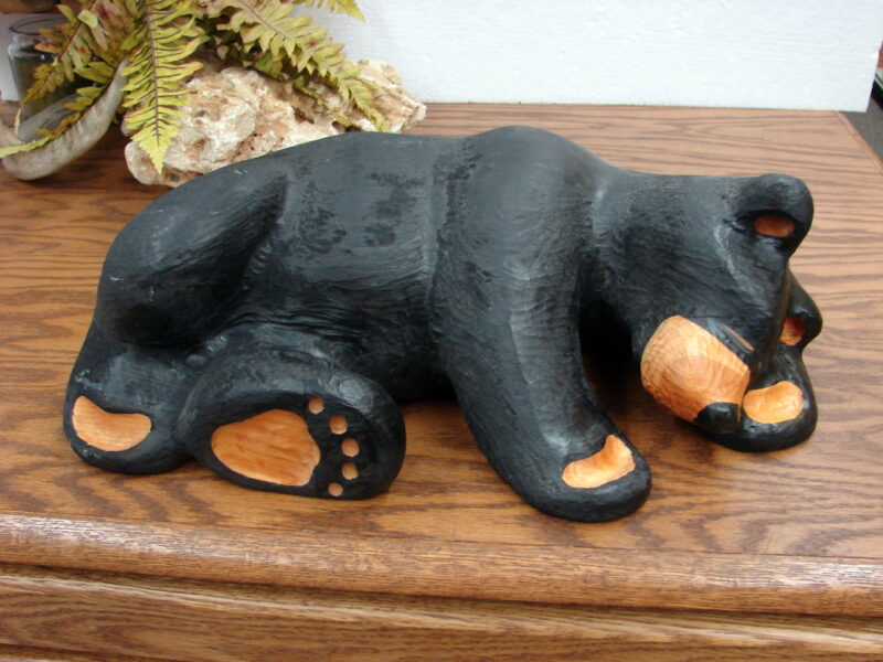 Big Sky Carvers Jeff Fleming Bearfoots Bear Wood Carved Bear Sleeping on Side Signed, Moose-R-Us.Com Log Cabin Decor