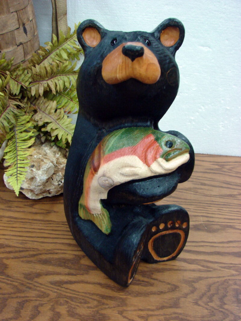 Big Sky Carvers Jeff Fleming Bearfoots Bear Wood Carved Bear Sitting w/ Trout Fish, Moose-R-Us.Com Log Cabin Decor