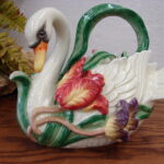 As Is Fitz and Floyd Swan Tulip Teapot Complete Repaired Handle