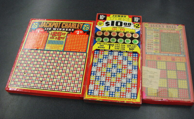 Set/3 Vintage Gambling Punch Boards Jackpot Charlie Jumbo Ten Lucky Reel .10 .25 Cent, Moose-R-Us.Com Antiques Collectibles Log Cabin Decor