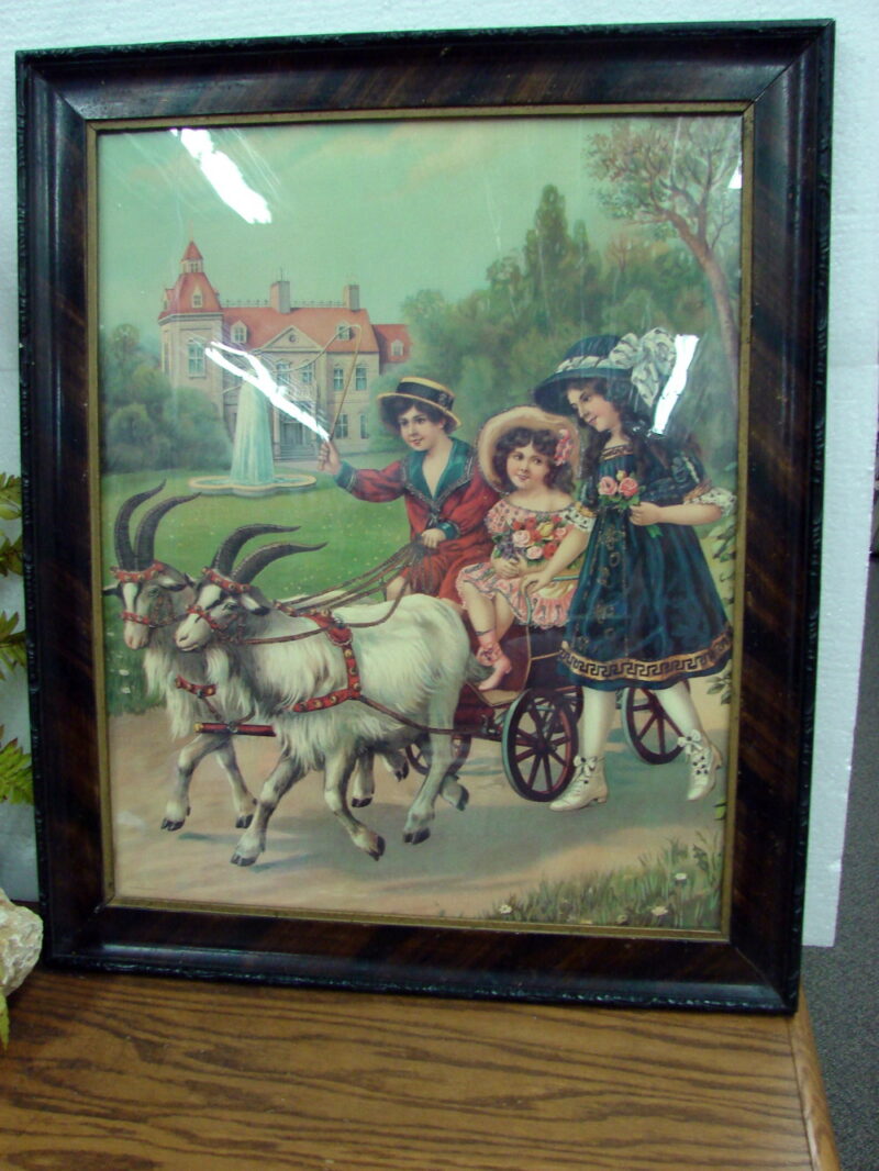 Vintage Frame New Print of Victorian Children with Goat Cart, Moose-R-Us.Com Log Cabin Decor