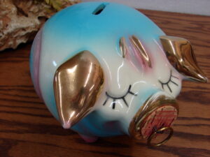 Vintage MCM Hull Pottery Gold Trim Corky Pig Piggy Bank w/ Original Cork
