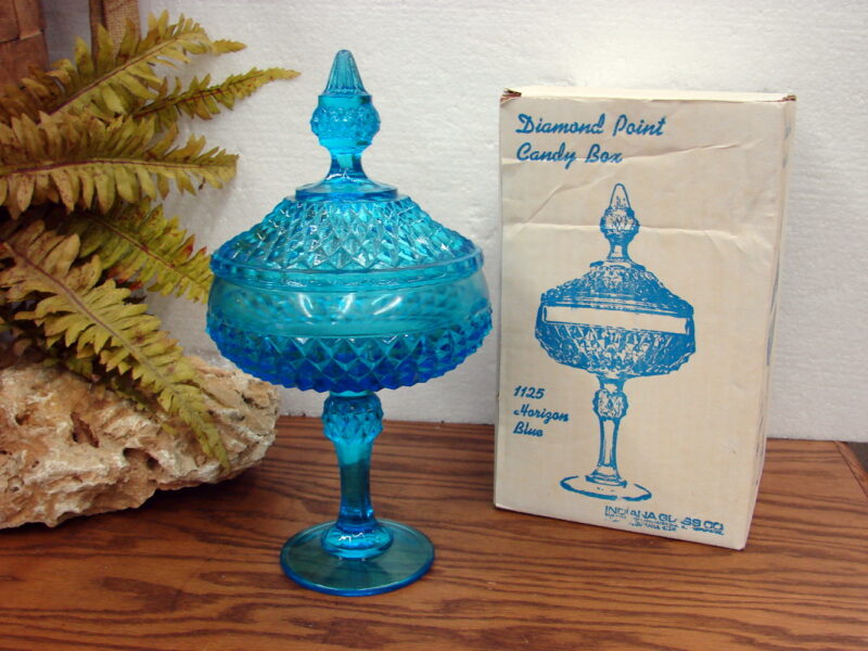 Vintage Indiana Glass Horizon Blue Diamond Point Candy Dish Pedestal w/ Box, Moose-R-Us.Com Log Cabin Decor