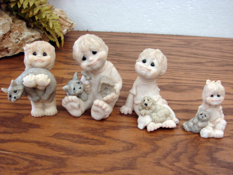 Set/4 Retired Second Nature Design Quarry Kids with Critters Puppy Dog Cat, Moose-R-Us.Com Log Cabin Decor