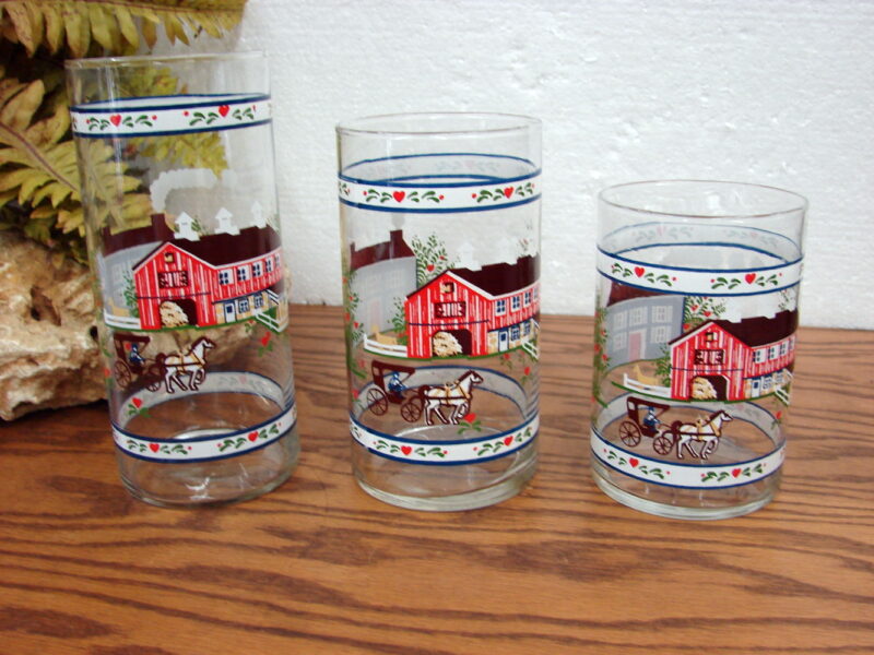 Set/3 Clear Glass Warren Kimble American Folk Art Various Sized Vases, Moose-R-Us.Com Log Cabin Decor
