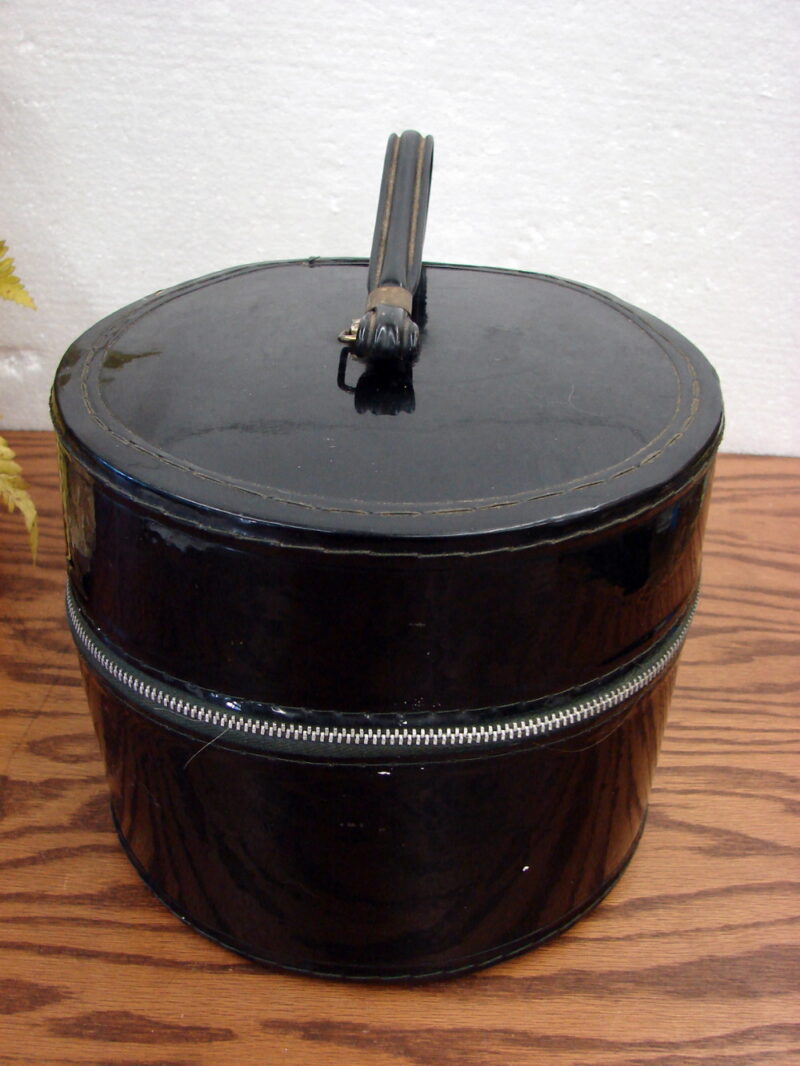 Vintage Black Patent Look Wig Case w/ Zipper Sad Wig and Foam Head, Moose-R-Us.Com Log Cabin Decor