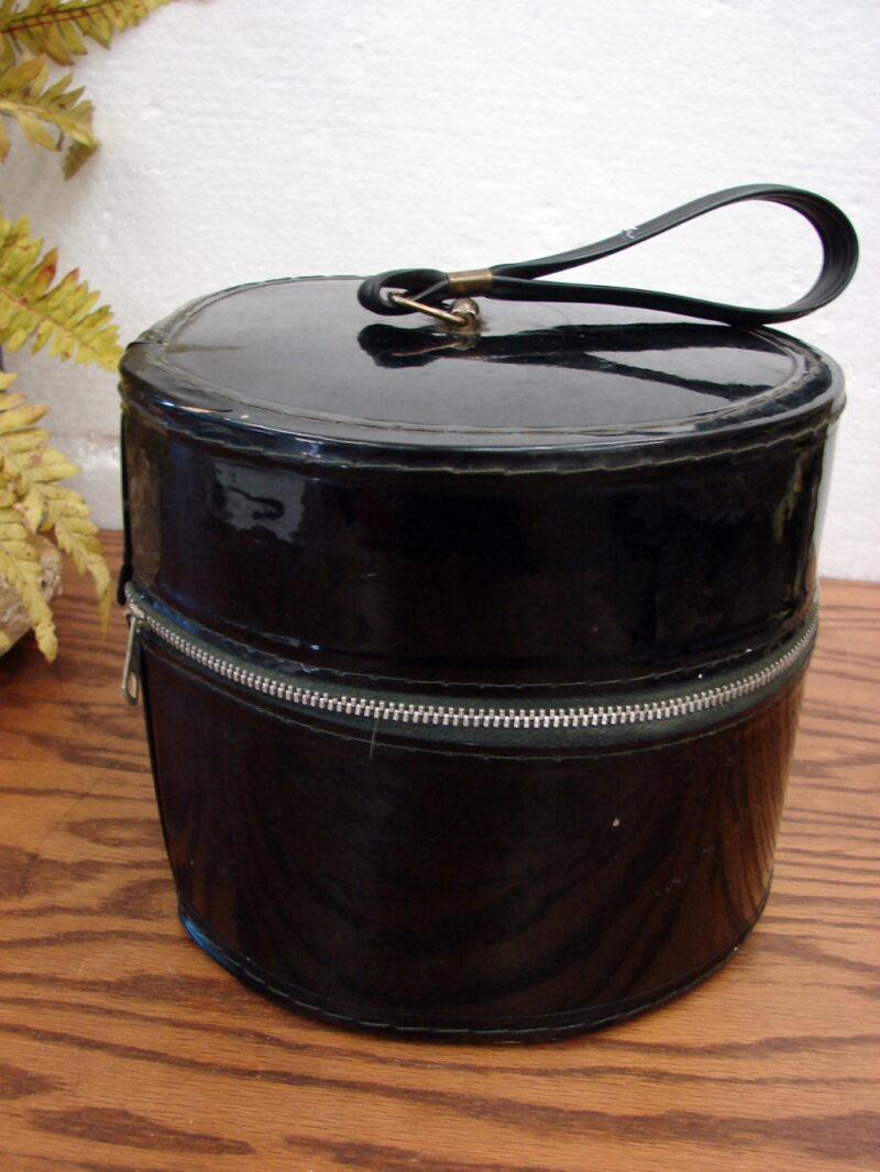 Vintage Black Patent Look Wig Case w/ Zipper Sad Wig and Foam Head, Moose-R-Us.Com Log Cabin Decor