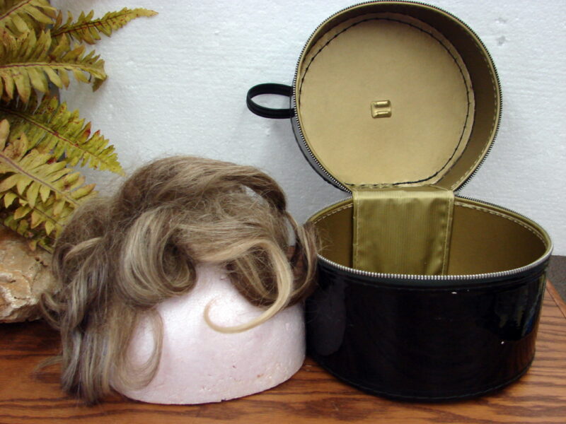 Vintage Black Patent Look Wig Case w/ Zipper Sad Wig and Foam Head, Moose-R-Us.Com Log Cabin Decor