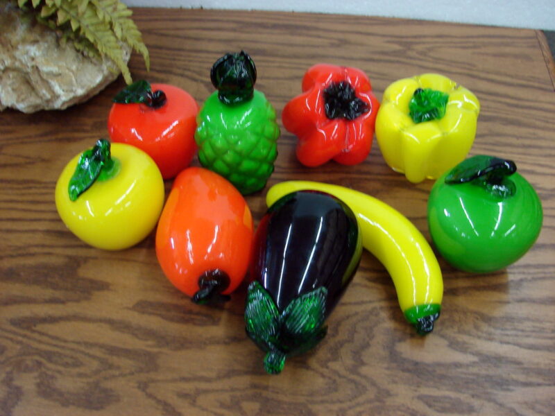 Vintage Set/9 Blown Glass Vegetables Fruit Green Red Yellow Eggplant, Moose-R-Us.Com Log Cabin Decor