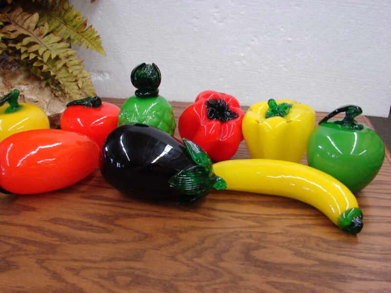 Vintage Set/9 Blown Glass Vegetables Fruit Green Red Yellow Eggplant, Moose-R-Us.Com Log Cabin Decor