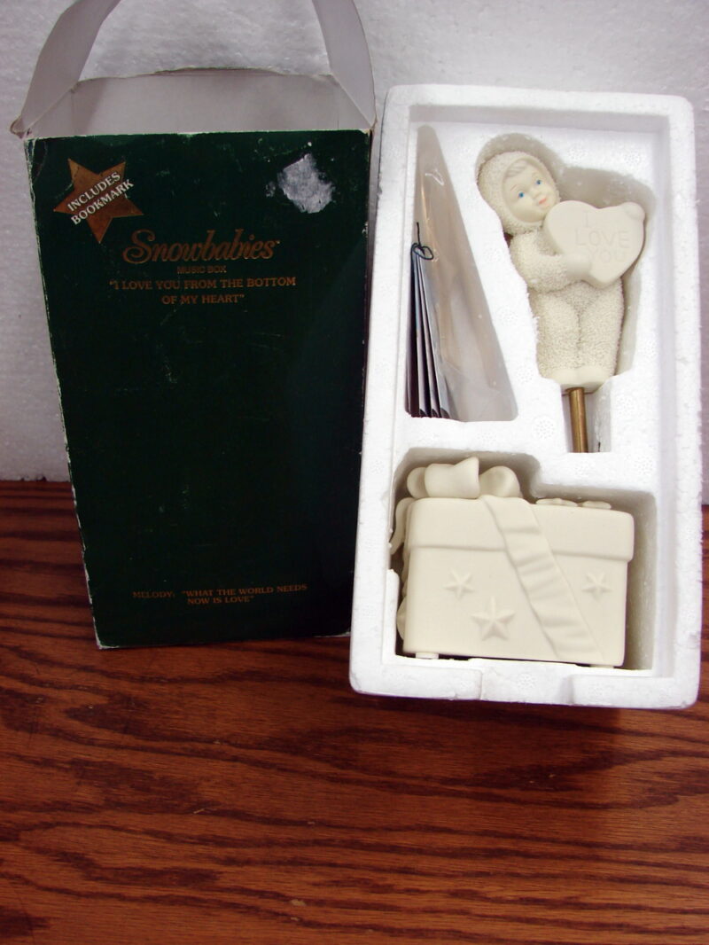 Vintage Dept. 56 Snowbabies Retired Love You From Bottom Heart Music Original Box, Moose-R-Us.Com Log Cabin Decor