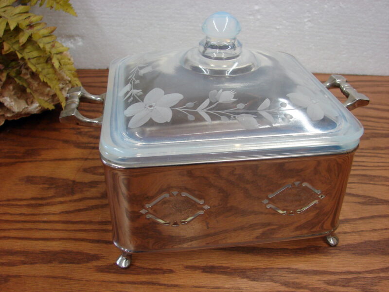 Vintage FRY Glass Opalescent Square Covered Casserole Dish 1935 Carrier