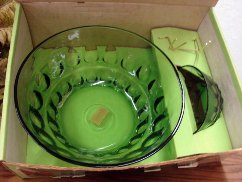 Vintage Hazel Atlas A6370 Reflection Avocado Chip Dip Set in Original Box, Moose-R-Us.Com Log Cabin Decor