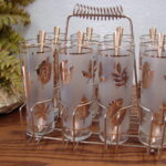 Vintage Libbey Golden Foliage Set of 8 Ice Tea Glasses Carrier Caddy Spoons Set