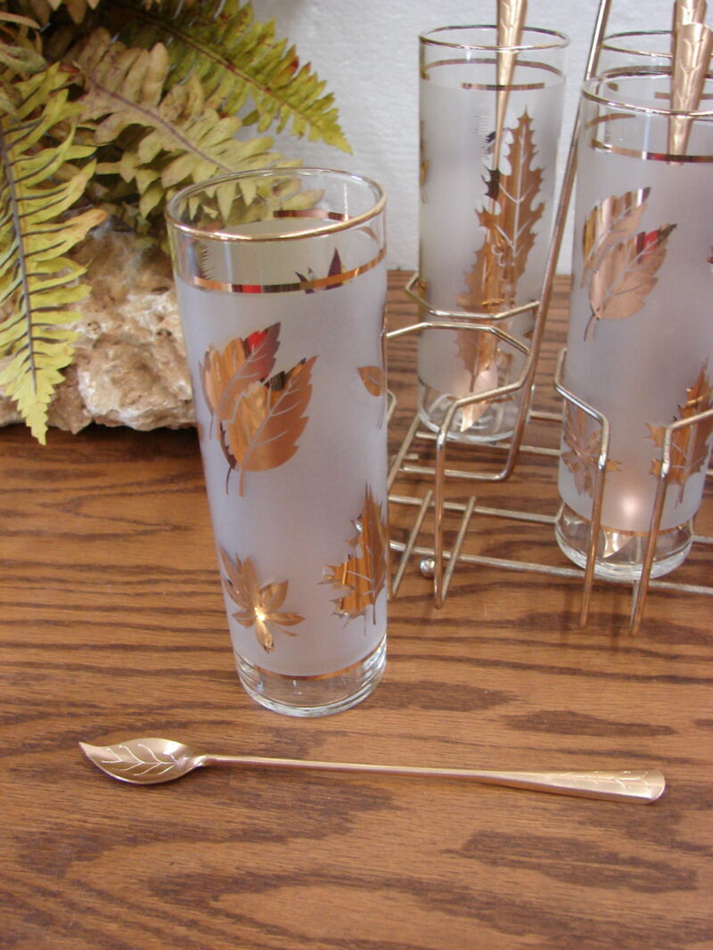 Vintage Libbey Golden Foliage Set of 8 Ice Tea Glasses Carrier Caddy Spoons Set, Moose-R-Us.Com Log Cabin Decor