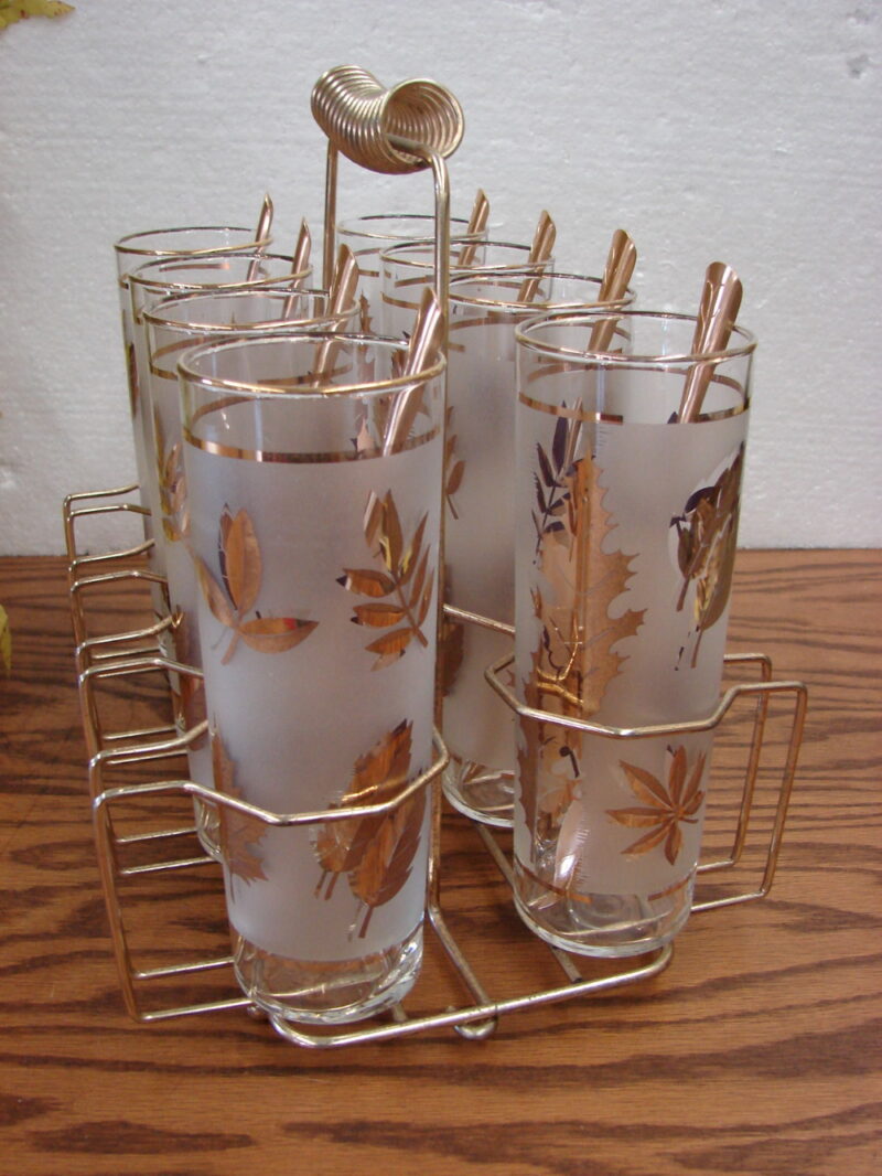 Vintage Libbey Golden Foliage Set of 8 Ice Tea Glasses Carrier Caddy Spoons Set, Moose-R-Us.Com Log Cabin Decor