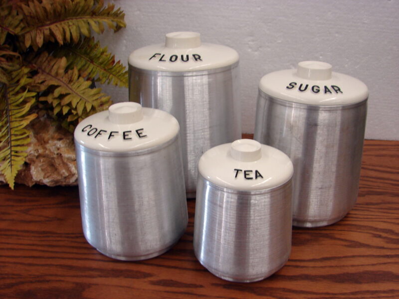Vintage 1950&#8217;s Kromex 4 Canister Spun Aluminum White Lids Retro Kitchen, Moose-R-Us.Com Antiques Collectibles Log Cabin Decor
