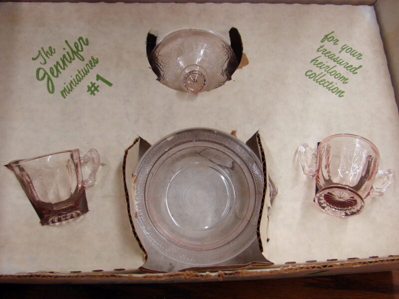 Vintage Mosser Glass Child&#8217;s Jennifer Pink Hostess Set Depression Glass Original Box, Moose-R-Us.Com Log Cabin Decor