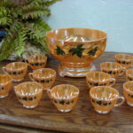 Vintage Fire King Anchor Hocking Peach Lustre Ivy Punch Bowl Base and 12 Cups Like New