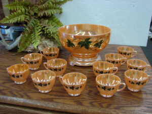 Vintage Fire King Anchor Hocking Peach Lustre Ivy Punch Bowl Base and 12 Cups Like New