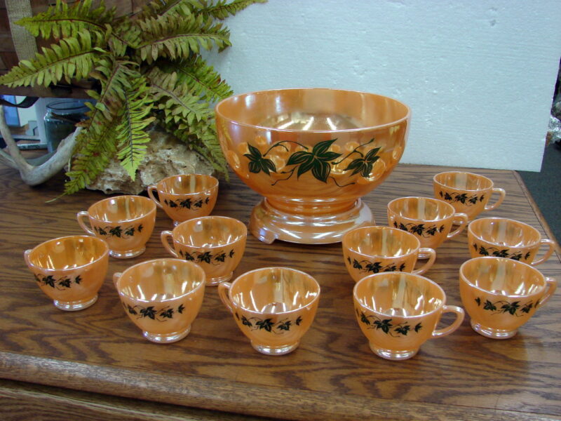 Vintage Fire King Anchor Hocking Peach Lustre Ivy Punch Bowl Base and 12 Cups Like New, Moose-R-Us.Com Log Cabin Decor