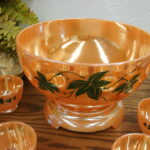 Vintage Fire King Anchor Hocking Peach Lustre Ivy Punch Bowl Base and 12 Cups Like New - Image 2