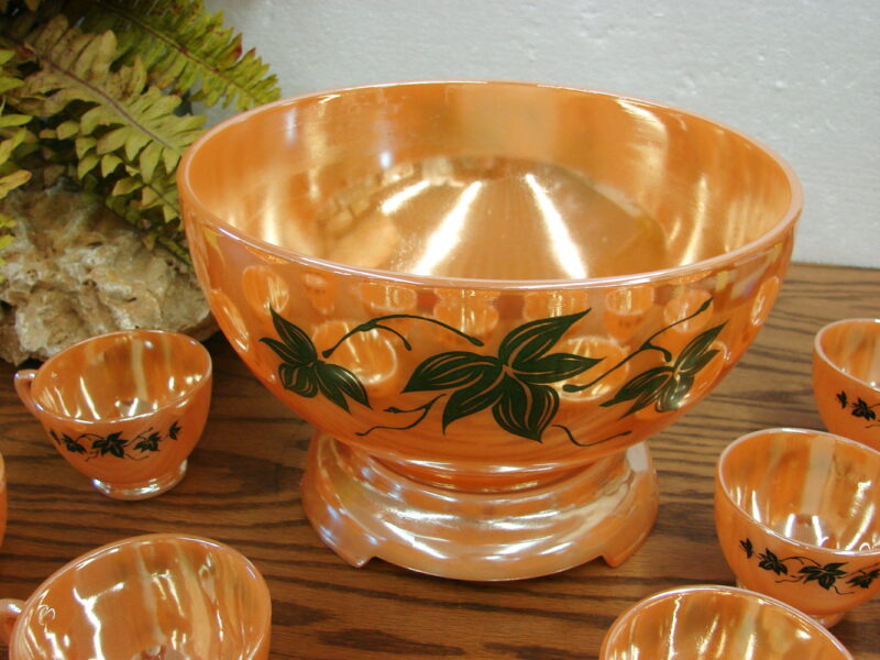 Vintage Fire King Anchor Hocking Peach Lustre Ivy Punch Bowl Base and 12 Cups Like New, Moose-R-Us.Com Log Cabin Decor