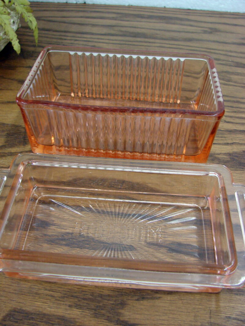 Vintage Pink Depression One Pound Glass Butter Dish Ribbed, Moose-R-Us.Com Log Cabin Decor
