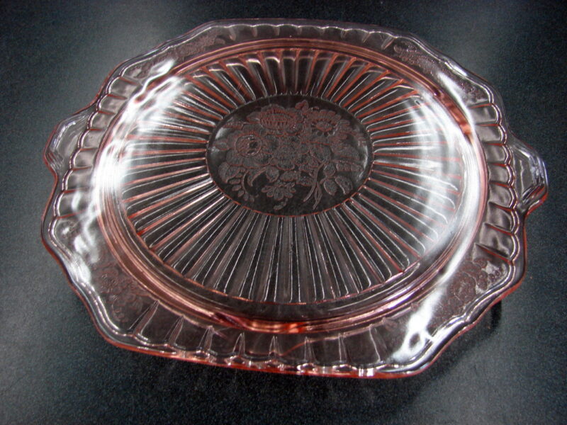 Vintage Anchor Hocking Mayfair Pink Depression Glass Open Rose Footed Cake Plate, Moose-R-Us.Com Log Cabin Decor