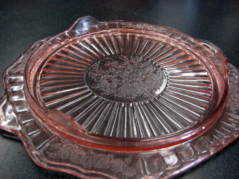 Vintage Anchor Hocking Mayfair Pink Depression Glass Open Rose Footed Cake Plate, Moose-R-Us.Com Log Cabin Decor