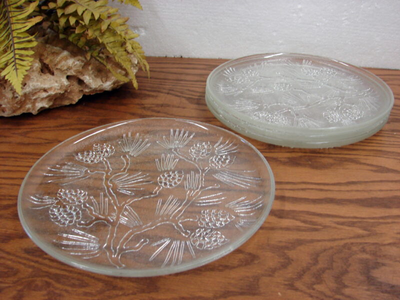 Vintage Indiana Glass Clear Tiara Ponderosa Pine Embossed Set/4 Dinner Plates 10&#8243;, Moose-R-Us.Com Log Cabin Decor