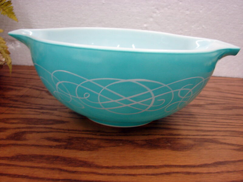 Vintage PYREX Promotional 1959 Turquoise Aqua Scroll #443 Cinderella Bowl 2 1/2 QT, Moose-R-Us.Com Log Cabin Decor