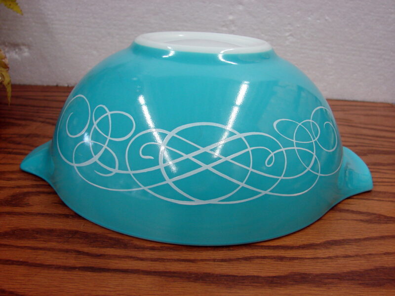Vintage PYREX Promotional 1959 Turquoise Aqua Scroll #443 Cinderella Bowl 2 1/2 QT, Moose-R-Us.Com Log Cabin Decor