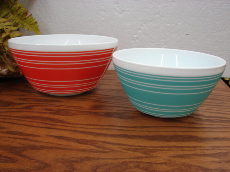 Vintage Charm Inspired PYREX Striped Bowls Turquoise Red White, Moose-R-Us.Com Log Cabin Decor