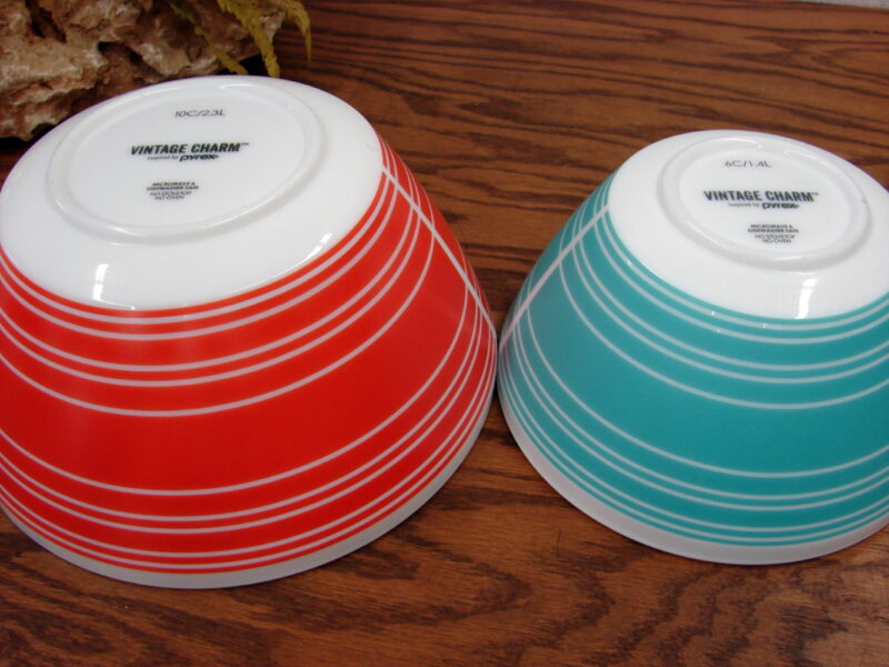Vintage Charm Inspired PYREX Striped Bowls Turquoise Red White, Moose-R-Us.Com Log Cabin Decor
