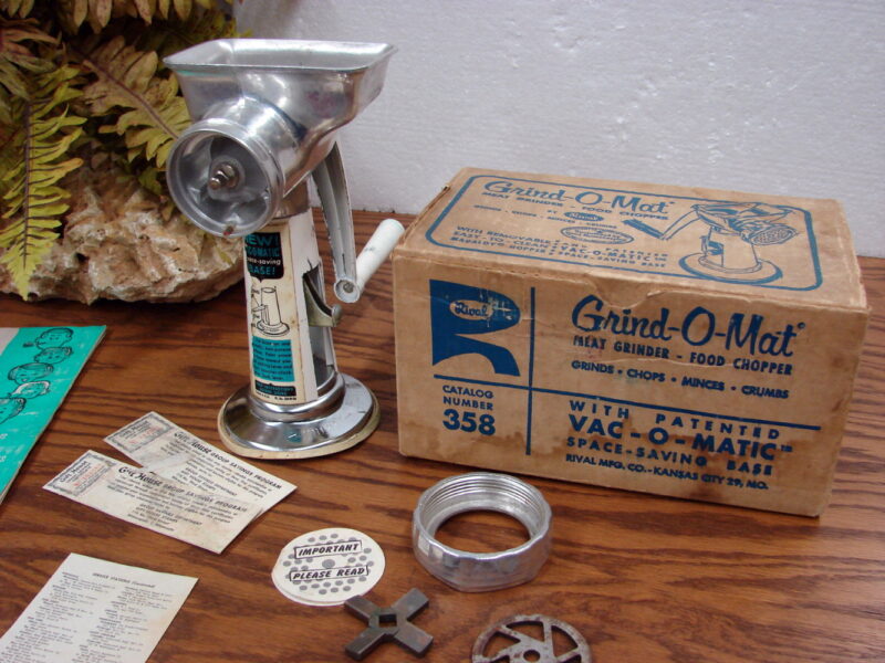 Vintage Rival Grind-O-Mat #358 Meat Grinder Food Chopper Original Box Paperwork, Moose-R-Us.Com Log Cabin Decor