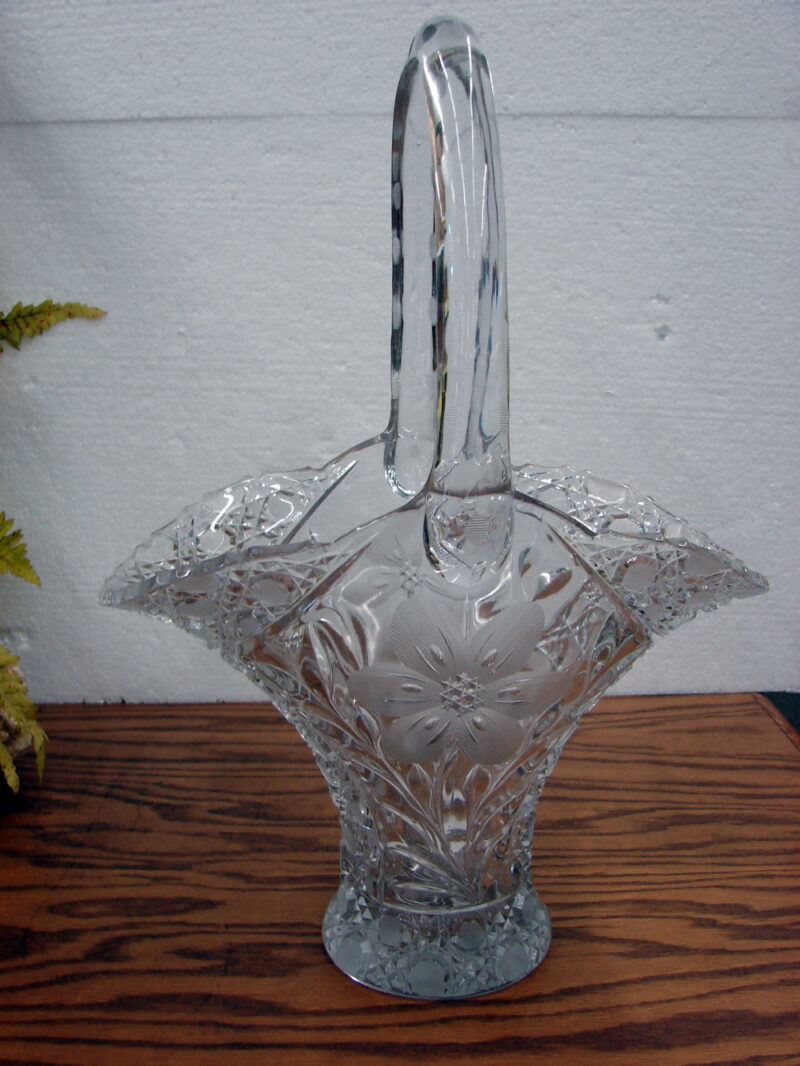 Vintage Crystal Etched Brides Basket Vase 15&#8243; Tall Flower Thumbprint Pattern, Moose-R-Us.Com Log Cabin Decor
