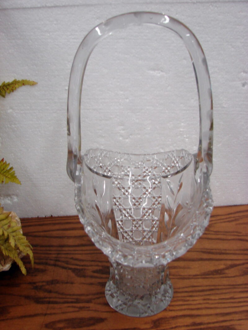 Vintage Crystal Etched Brides Basket Vase 15&#8243; Tall Flower Thumbprint Pattern, Moose-R-Us.Com Log Cabin Decor
