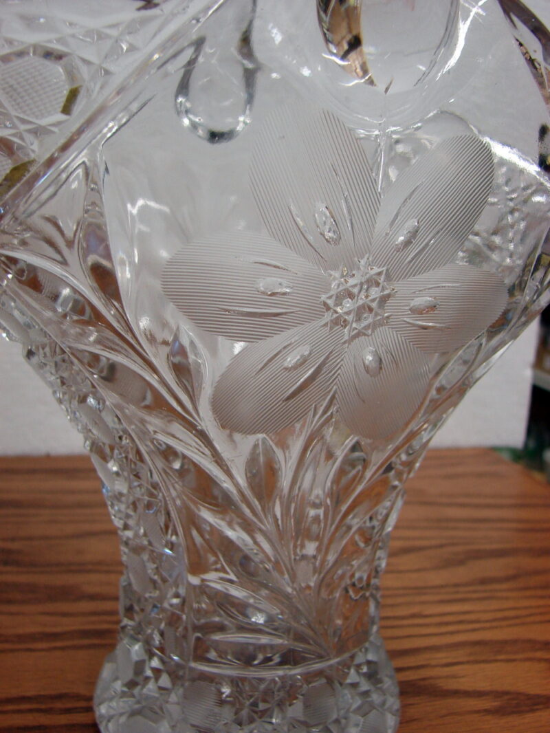 Vintage Crystal Etched Brides Basket Vase 15&#8243; Tall Flower Thumbprint Pattern, Moose-R-Us.Com Log Cabin Decor
