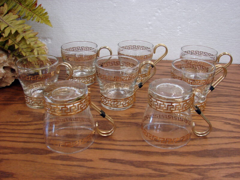 Vintage Anchor Hocking Greek Key Set/8 Clear Glass Coffee Tea Cups, Moose-R-Us.Com Log Cabin Decor