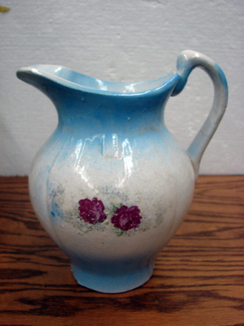 Antique Stoneware Blue White Bulbous Pitcher Flower Transfer, Moose-R-Us.Com Log Cabin Decor