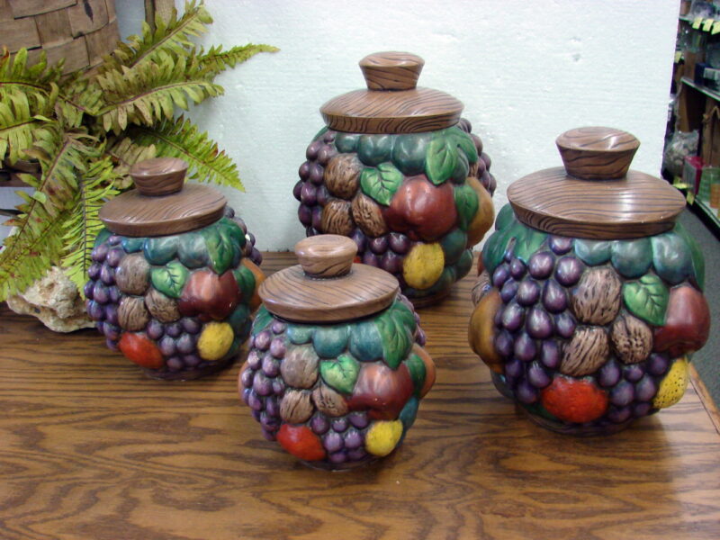 Vintage 1968 Ceramic Canister Set Fruit 3-D Pattern Set/4 Wood Style Lids, Moose-R-Us.Com Antiques Collectibles Log Cabin Decor