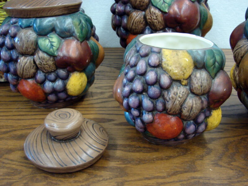 Vintage 1968 Ceramic Canister Set Fruit 3-D Pattern Set/4 Wood Style Lids, Moose-R-Us.Com Antiques Collectibles Log Cabin Decor