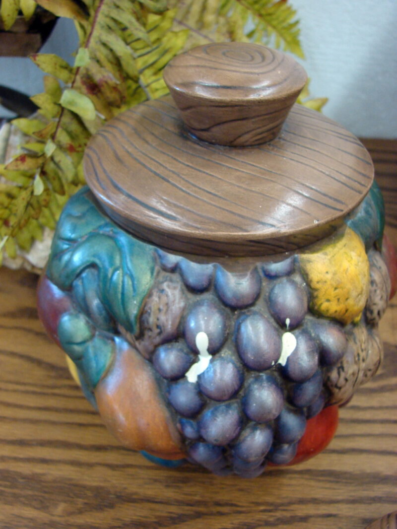 Vintage 1968 Ceramic Canister Set Fruit 3-D Pattern Set/4 Wood Style Lids, Moose-R-Us.Com Antiques Collectibles Log Cabin Decor