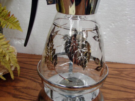 Vintage MCM Colony Glass Coffee Tea Carafe with Warming Stand Silver Leaf Signed